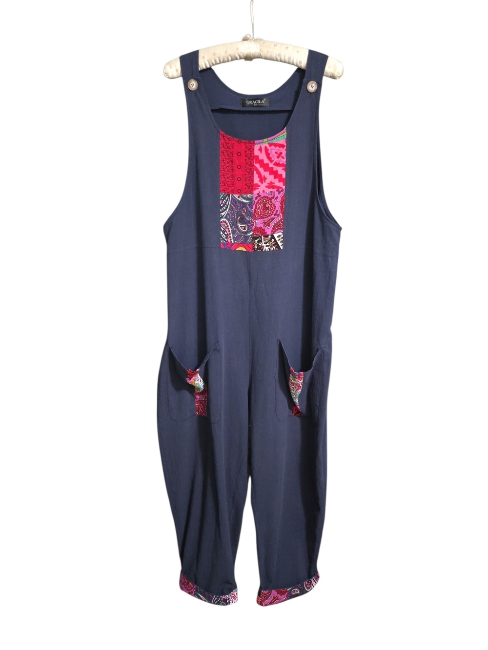 Gracila Boho Paisley Patchwork Harem Overalls Jumpsuit - Like New 2XL